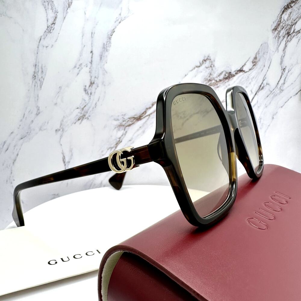 New GUCCI Sunglasses Brown Square Oversized Gold Metal GG Logo 56mm - Picture 3 of 16